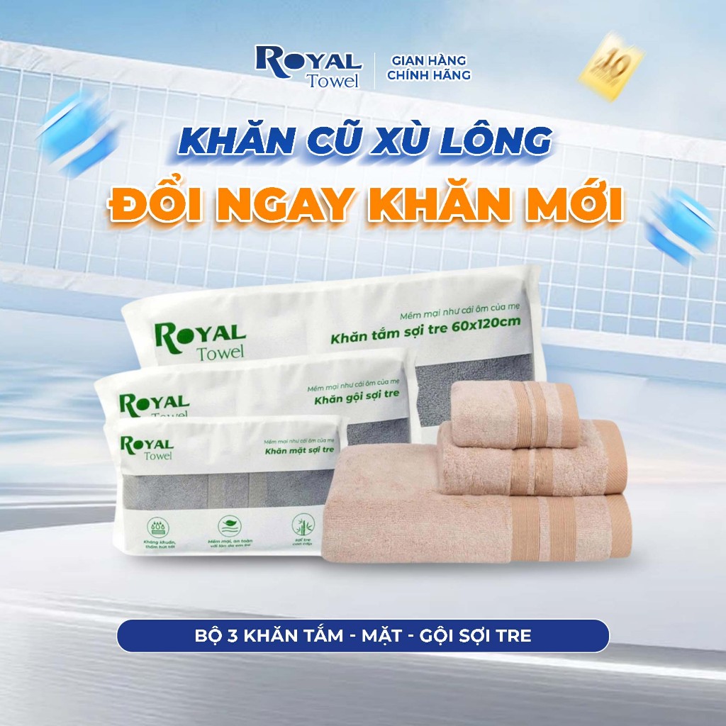 Bộ 3 Khăn Mặt, Gội, Tắm Royal Towel Sợi Tre Bamboo, Mềm Mịn, Thấm Hút Tốt, Không Xổ Lông, Không Phai Màu, An Toàn Cho Da