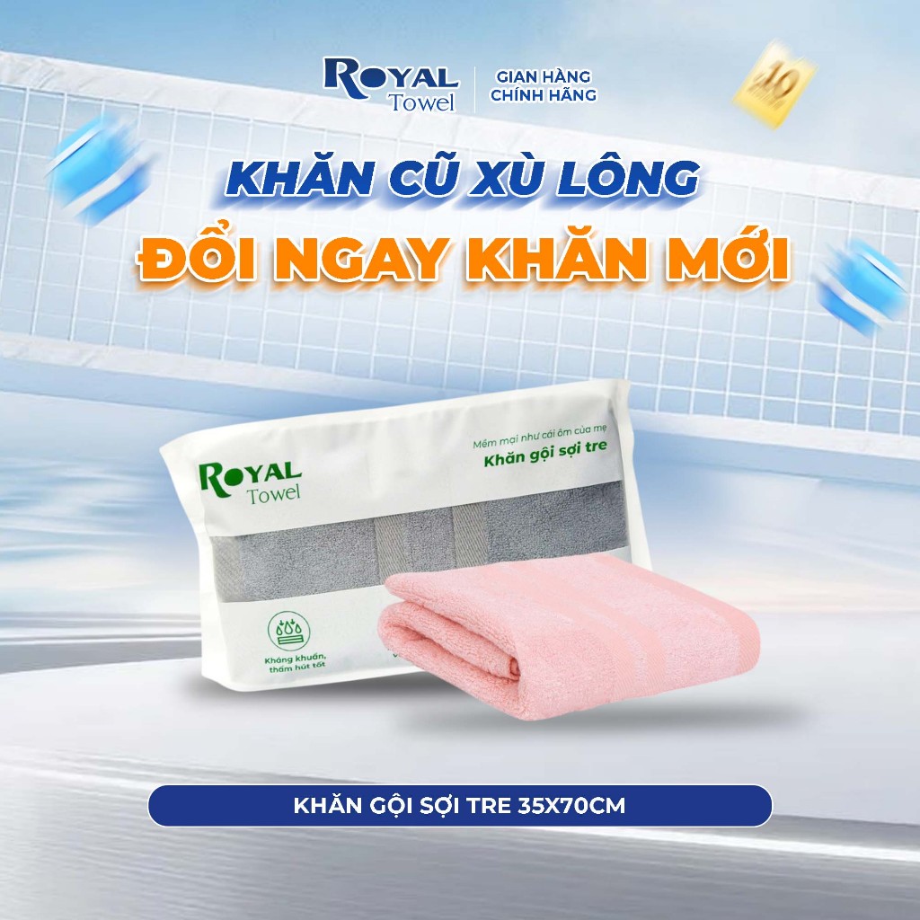 Khăn Gội Royal Towel 35x70cm Sợi Tre Bamboo, Mềm Mịn, Thấm Hút Tốt, Không Xổ Lông, Không Phai Màu, An Toàn Cho Da