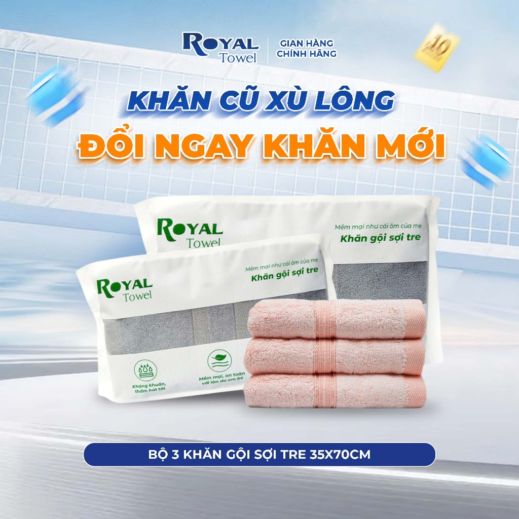 Bộ 3 Khăn Gội Royal Towel 35x70cm Sợi Tre Bamboo, Mềm Mịn, Thấm Hút Tốt, Không Xổ Lông, Không Phai Màu, An Toàn Cho Da