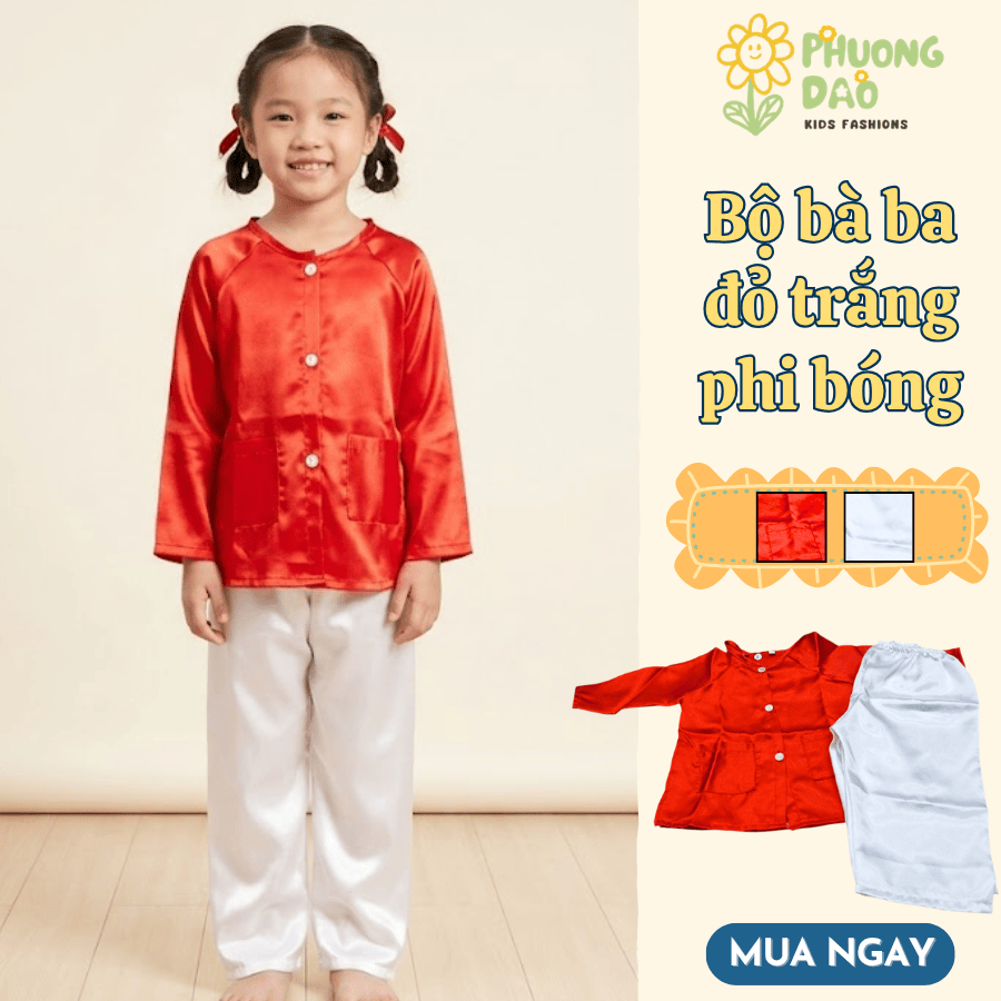 Bộ Bà Ba Cho Bé Màu Đỏ Trắng, Chất Phi Bóng Mềm Mịn, Thoáng Mát, Dễ Thương - Phương Đào Kids