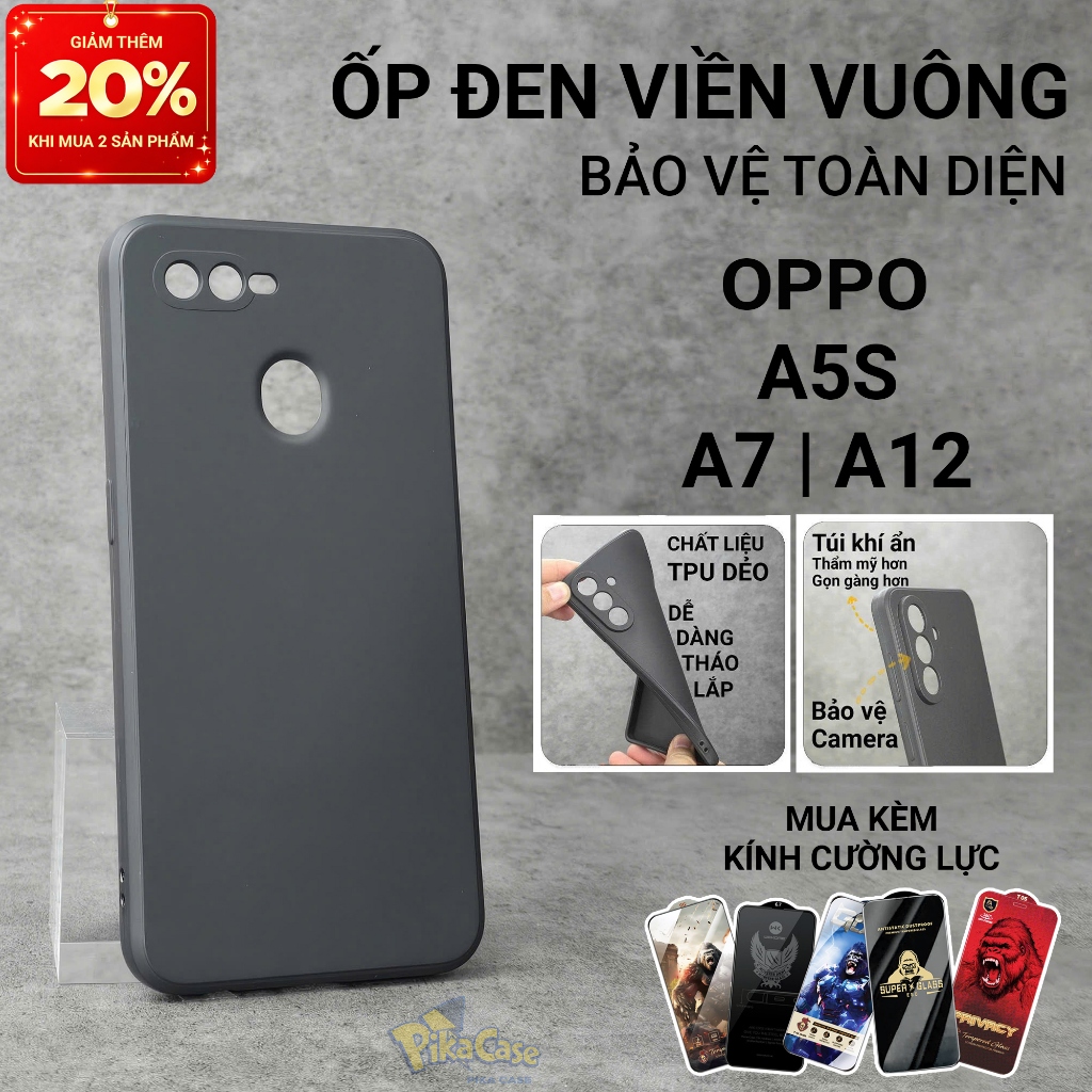 Ốp lưng Oppo A5S, A12, A7 Pikacase trơn màu đen | Ốp điện thoại Oppo dẻo bảo vệ camera đt toàn diện