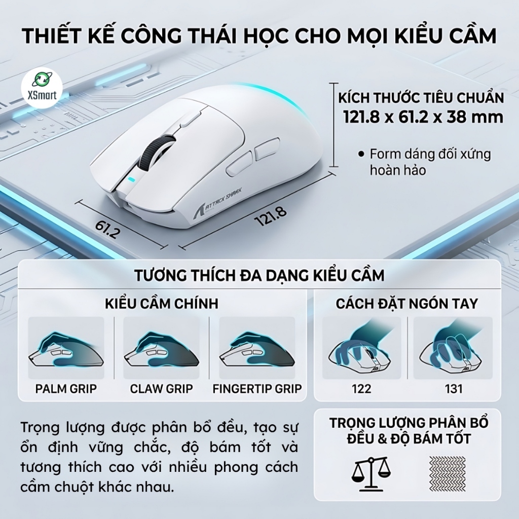 Chuột Không Dây Gaming Attack Shark X1 PAW3395 Pro, 40.000 DPI Dock Sạc LED RGB, Chuyên Game FPS | BigBuy360 - bigbuy360.vn