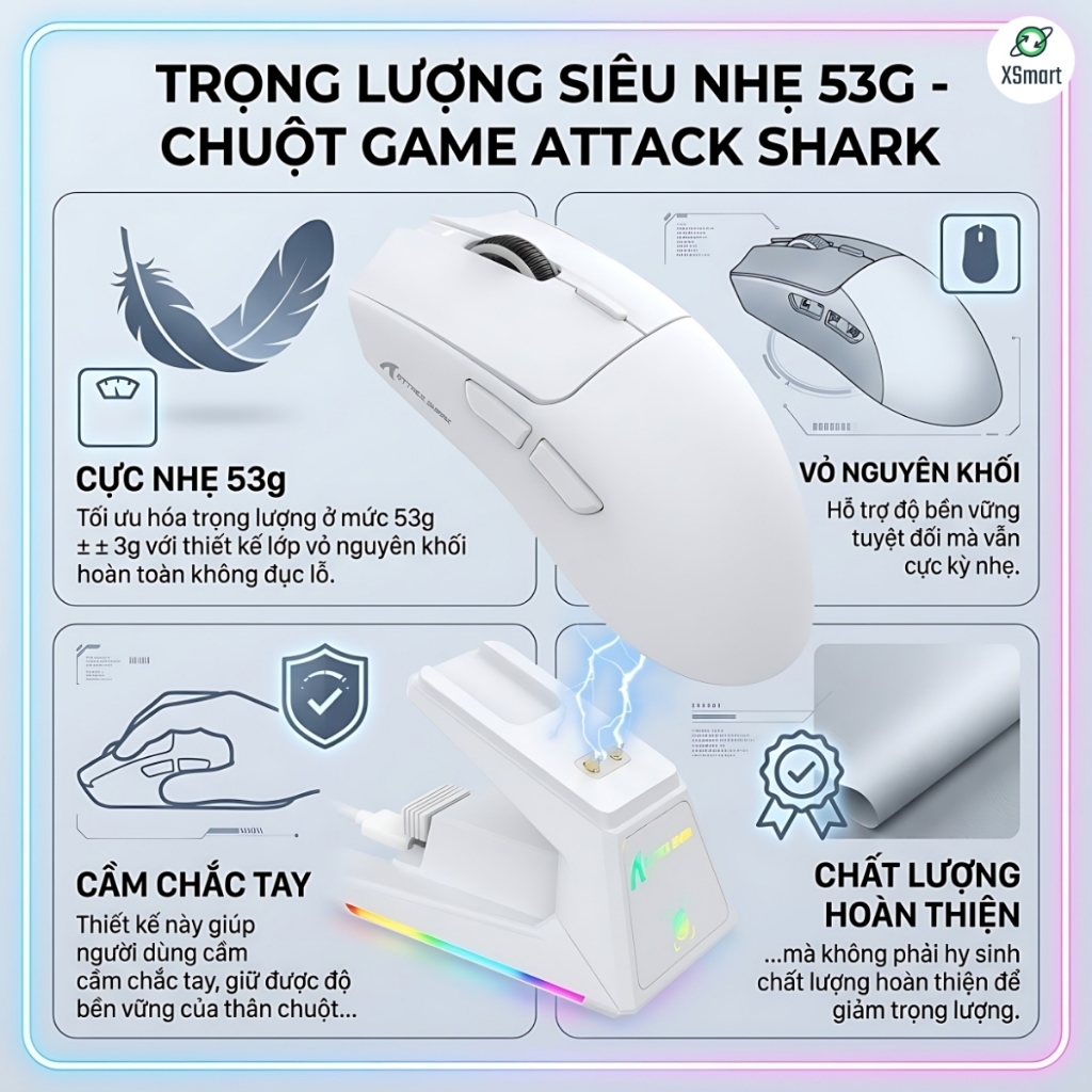 Chuột Không Dây Gaming Attack Shark X1 PAW3395 Pro, 40.000 DPI Dock Sạc LED RGB, Chuyên Game FPS | BigBuy360 - bigbuy360.vn