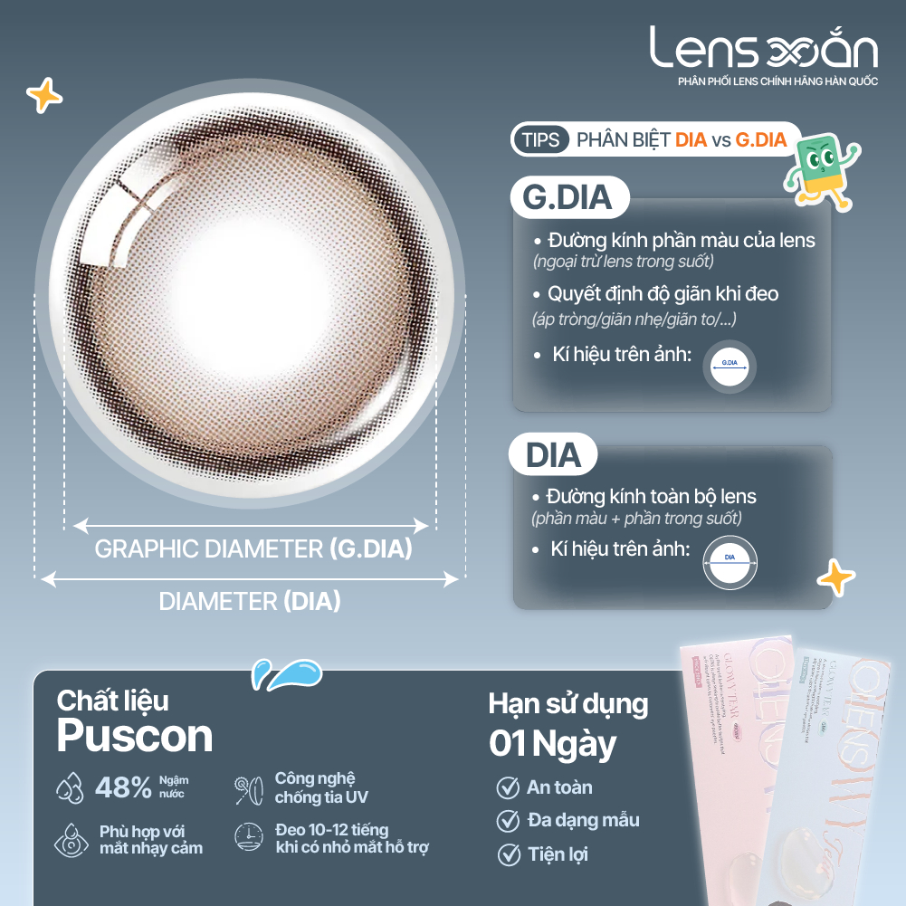 LENS 1 NGÀY giãn tròng LENS XOẮN kính áp tròng cận nâu tự nhiên trong veo có viền tròn mắt OLENS GLOWY TEAR | BigBuy360 - bigbuy360.vn