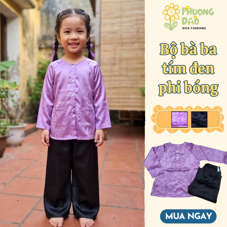 Bộ Bà Ba Bé Gái Tím Đen Vải Phi Bóng, Mềm Mịn Thoáng Mát, Kiểu Dáng Basic Cho Bé - Phương Đào Kids