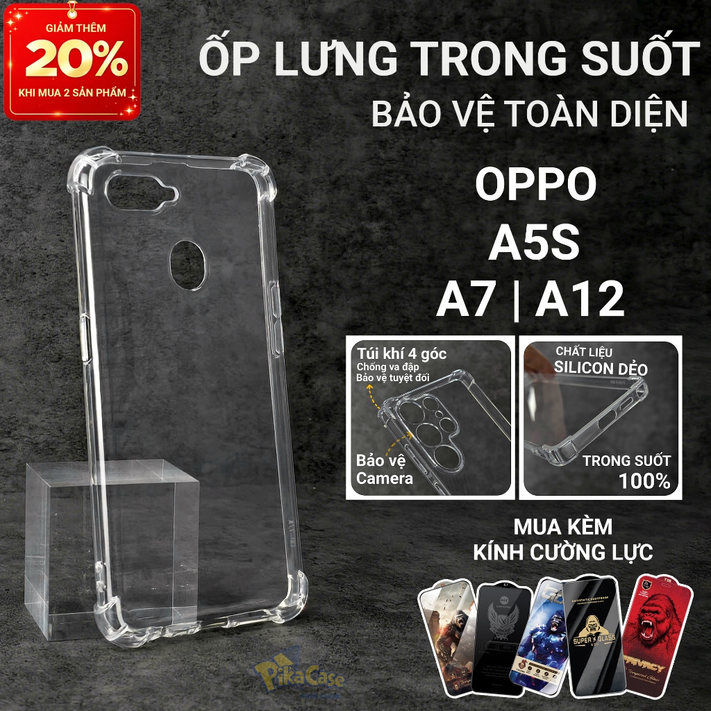 Ốp lưng Oppo A5S, A12, A7 Pikacase trơn trong suốt | Ốp điện thoại Oppo dẻo bảo vệ camera đt toàn di