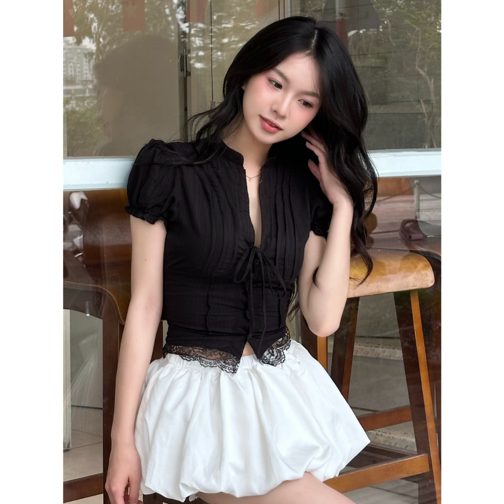 Áo Kiểu Nữ Dáng Croptop Chi Tiết Cổ Tàu Tay Bồng Cột Dây Nơ Mùa Hè Ki mee - Áo CROPTOP Siêu HOTHIT 2026 KA832 | BigBuy360 - bigbuy360.vn