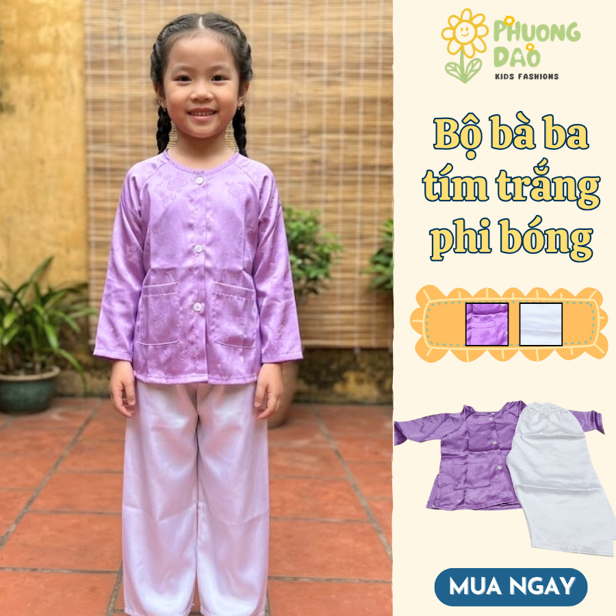 Bộ Bà Ba Bé Gái Phi Bóng Tím Trắng, Trang Phục Truyền Thống Mềm Mại Thoáng Mát - Phương Đào Kids