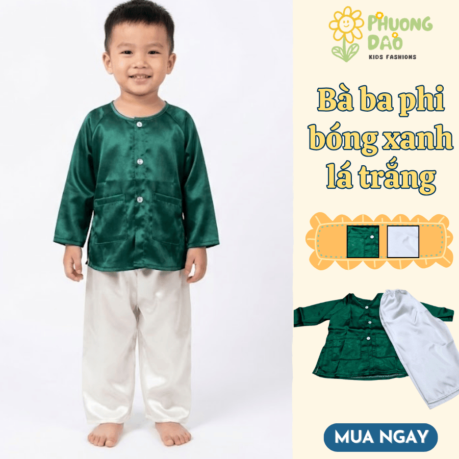 Bộ Bà Ba Bé Gái Bé Trai Chất Liệu Phi Bóng Màu Xanh Lá Trắng, Mặc Mát Nhẹ - Phương Đào Kids
