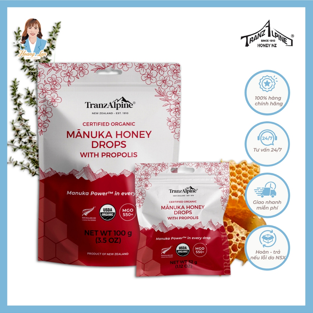 Kẹo ngậm mật ong Manuka hữu cơ MGO550+ New Zealand TranzAlpine Organic Manuka Honey Drops with Propo