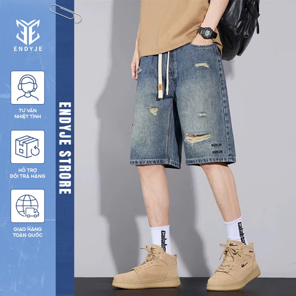 Quần Short Jeans Nam Cạp Chun Dáng Rộng Rách Cá Tính, Quần Short Denim Nam Ống Đứng Streetwear TD05