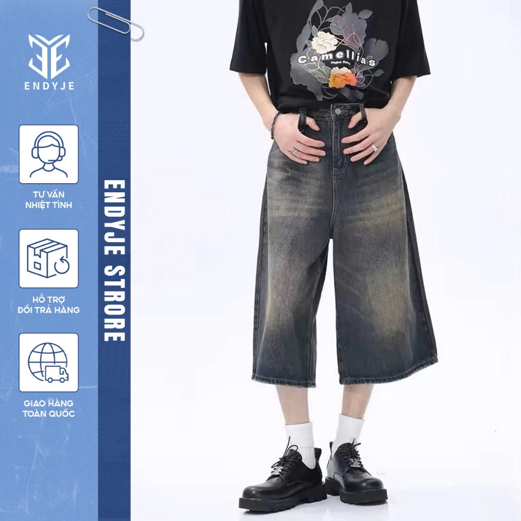 Quần Jeans Nam Ống Rộng Dáng Lửng Retro Mùa Hè, Quần Bò Nam Form Rộng Phong Cách Streetwear TD07