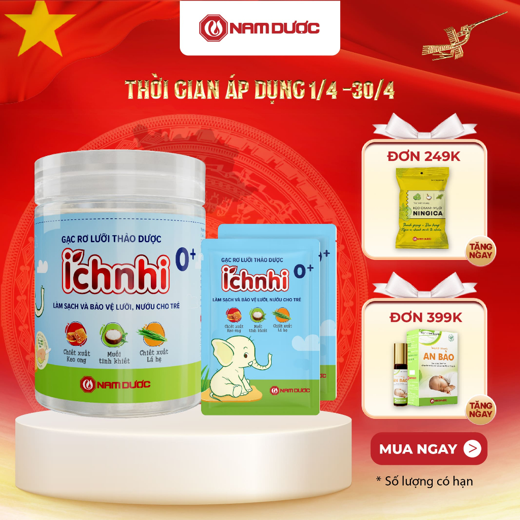 Gạc rơ lưỡi thảo dược Ích Nhi 0+ Hộp 30 gói, gạc rơ lưỡi cho bé, làm sạch nướu, răng miệng