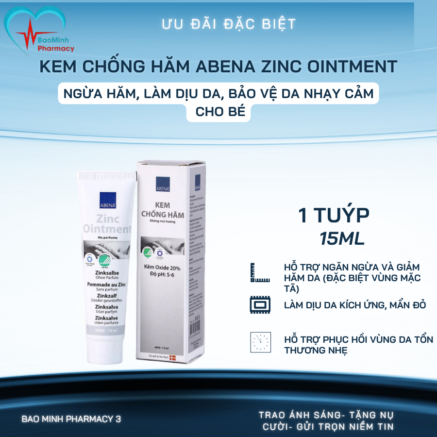 Kem Chống Hăm Abena Zinc Ointment 15ml – Ngừa Hăm, Làm Dịu Da, Bảo Vệ Da Nhạy Cảm Cho Bé