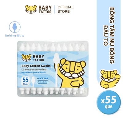 BABY TATTOO Bông Tăm Nụ Bông Đầu To An Toàn Cho Bé, Que Làm Từ Trục Giấy, 1 Hộp 55 Que