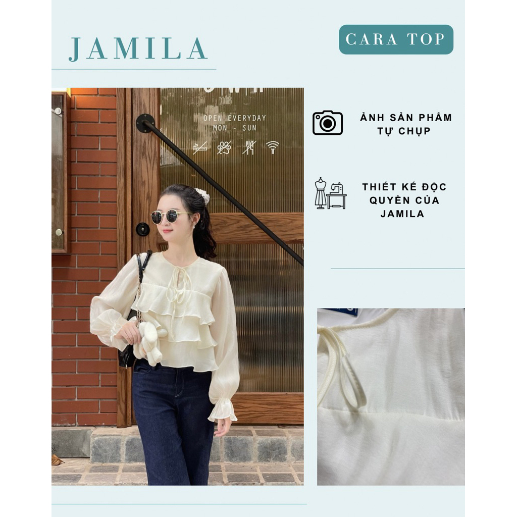 Áo kiểu nữ, áo cổ tròn tiểu thư bèo tầng, dáng lửng xinh xắn - Cara top | JAMILA |