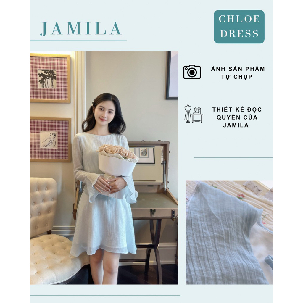 Váy cổ tròn tay loe ôm eo xanh pastel- Chloe dress | JAMILA |