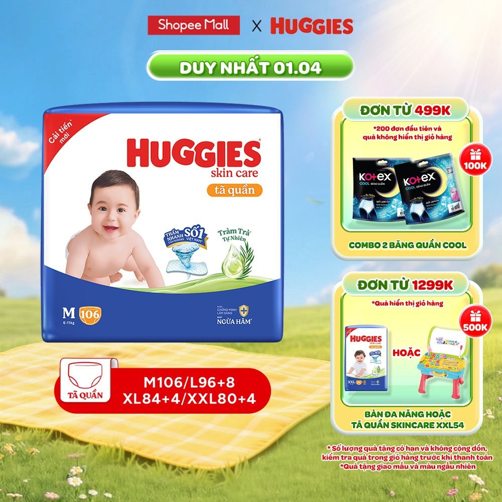 Tã quần Huggies Skincare Mega Jumbo M106/L96+8/XL84+4/XXL76+4 với tràm trà dịu da