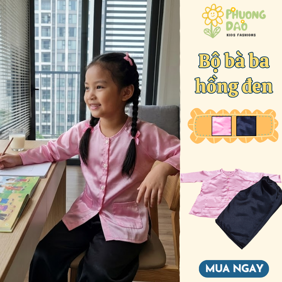 Bộ Bà Ba Cho Bé Gái Màu Hồng Đen, Vải Phi Bóng Mềm Mịn Thoáng Mát Mặc Thoải Mái- Phương Đào Kids
