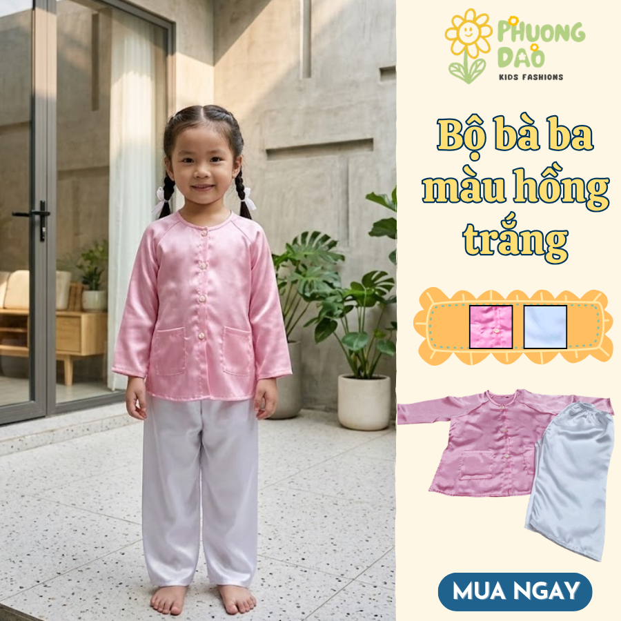 Bộ Bà Ba Bé Gái Phi Lụa Hồng Trắng, Mềm Mại Thoáng Mát, Đồ Truyền Thống Cho Bé - Phương Đào Kids