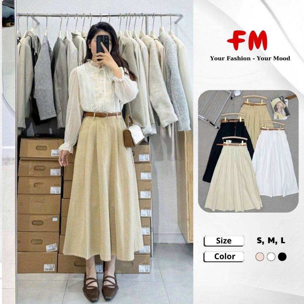 (TẶNG THẮT LƯNG) Chân Váy Dài Kaki Nữ FMSTYLE – Dáng Xoè Thời Trang Công Sở Che Khuyết Điểm 26030070