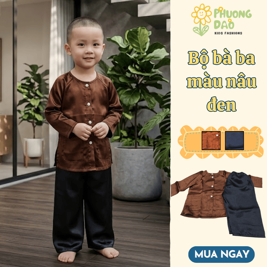 Bộ Bà Ba Bé Trai Bé Gái Nâu Đen Phi Bóng, Trang Phục Biểu Diễn, Chụp Ảnh, Mềm Mịn - Phương Đào Kids