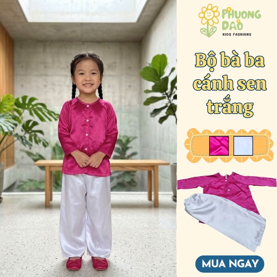 Bộ Bà Ba Cho Bé Gái Màu Cánh Sen Trắng, Vải Phi Bóng Mềm Mịn, Thoải Mái, Dễ Thương - Phương Đào Kids