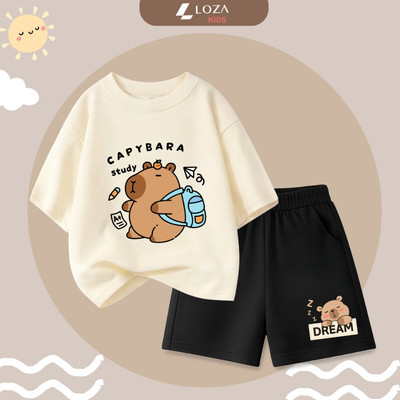 Bộ đồ bé trai mặc hè in hình capybara chất thun cotton 95% size 15-40kg - Quần áo trẻ em nam 2026 Loza Kids SB483