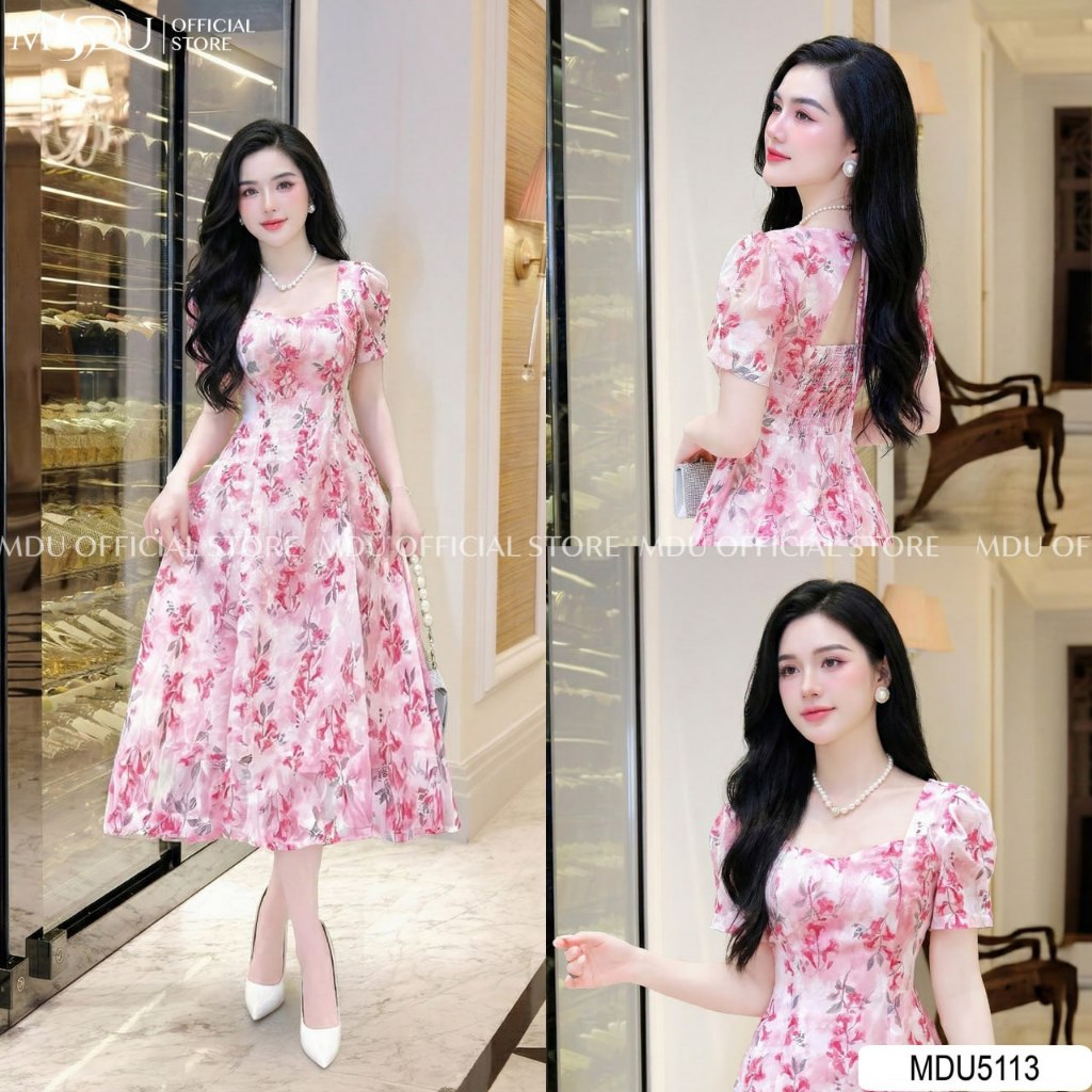 Váy xòe tôn dáng hồng pastel MDUDRESS cổ vuông tay bồng, váy hoa nhẹ nhàng MDU5113