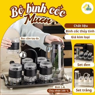 (SẴN) Bộ bình Cốc Thủy Tinh Muen bọc da Uống Nước Cốc Trà Cà Phê Chịu Nhiệt kèm giá úp cốc decor