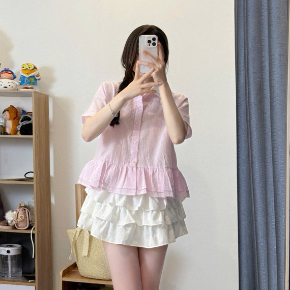 Áo Sơ Mi Nữ Kiểu Babydoll Cổ Sen Ngắn Tay Kẻ Sọc Oxford, Áo Sơ Mi Croptop Form Rộng Basic Phong Cách Hàn Quốc | BigBuy360 - bigbuy360.vn