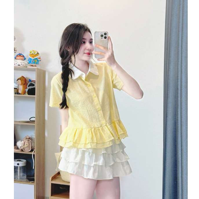 Áo Sơ Mi Nữ Kiểu Babydoll Cổ Sen Ngắn Tay Kẻ Sọc Oxford, Áo Sơ Mi Croptop Form Rộng Basic Phong Cách Hàn Quốc | BigBuy360 - bigbuy360.vn