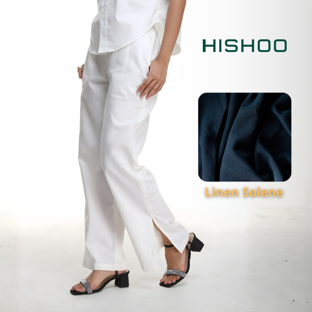 Quần dài Linen Trắng Nữ Lưng Thun, Xẻ Tà Hishoo basic mặc đi làm, đi chơi HISHOO Q3G001