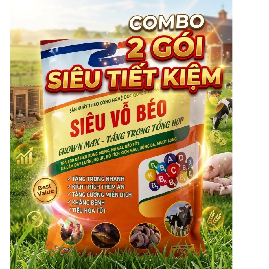 Combo 2 Gói Siêu Vỗ Béo Grown Max – Giúp Heo Tăng Cân Nhanh, Tiết Kiệm Thức Ăn