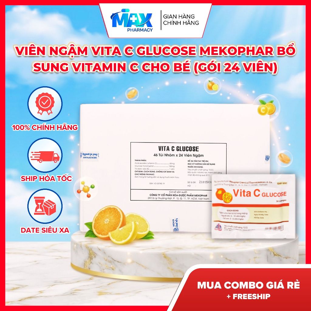 Viên Ngậm Vita C Glucose Mekophar Bổ Sung Vitamin C cho bé (Gói 24 Viên)