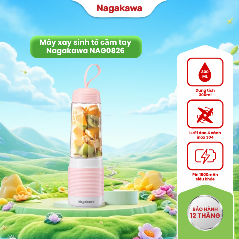 Máy xay sinh tố cầm tay Nagakawa NAG0826 300ml, màu Hồng và Trắng, dung lượng pin 1500mAh