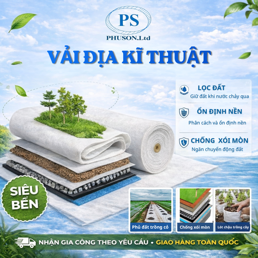 Vải địa kỹ thuật Phú Sơn không dệt khổ rộng, Vải địa trồng cây hàng loại 1 lót chậu sân vườn