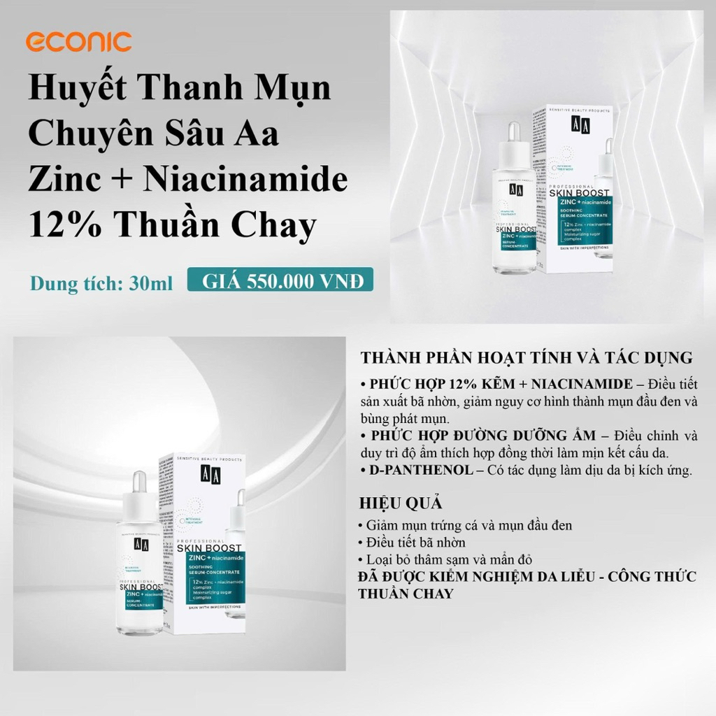 Huyết thanh mụn chuyên sâu AA Zinc + Niacinamide 12% Thuần chay AA COSMETICS