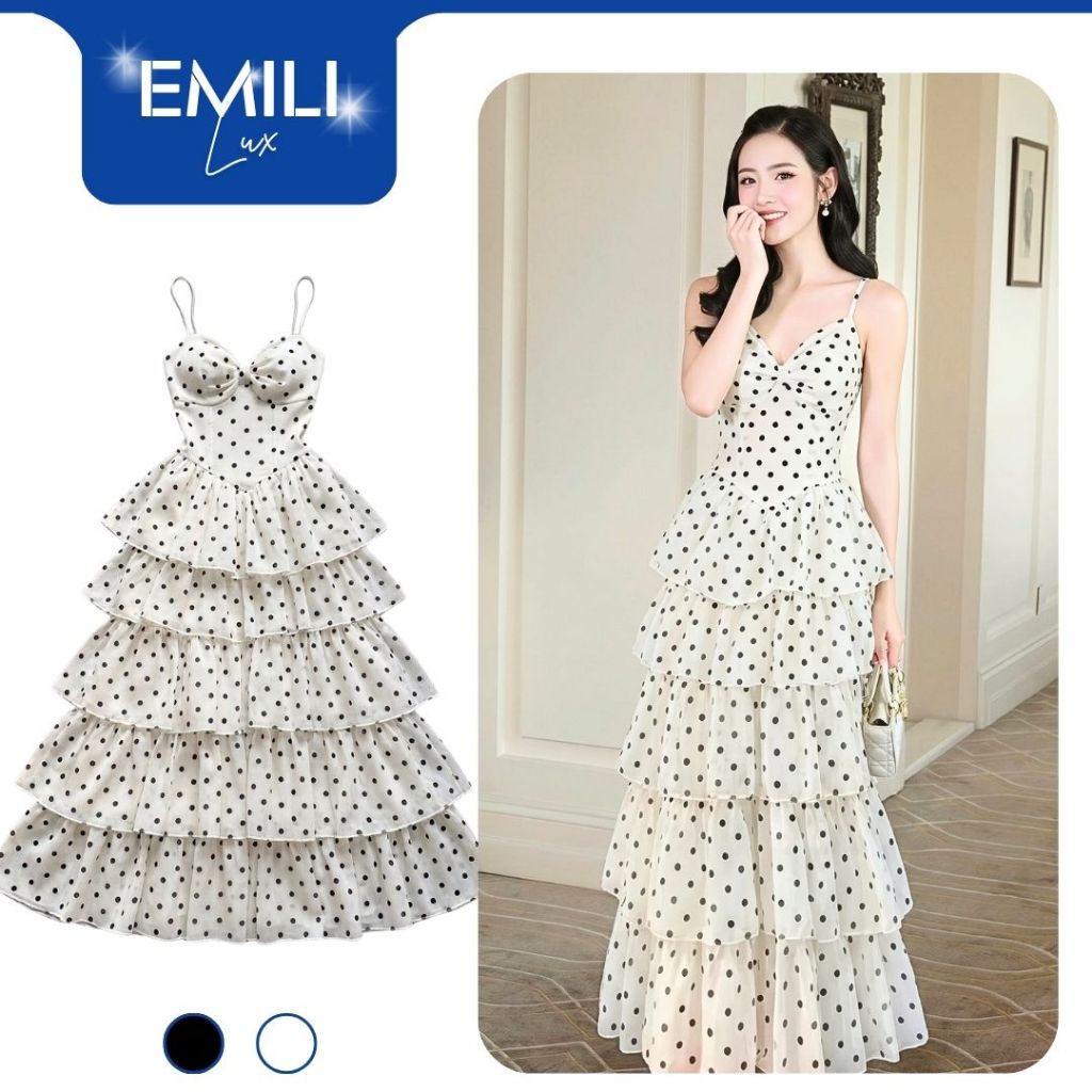 Váy chấm bi maxi 2 dây xếp tầng nữ chiết eo dịu dàng Emili Lux đi chơi, đi biển [V569]