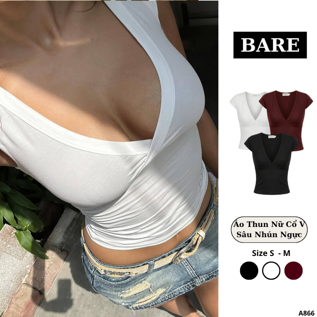 BARE_Áo Thun Nữ Cổ Tim V Nhún Ngực Chiết Eo Slim-Fit, Áo Thun Cổ Tim Ôm Body Tôn Dáng_A866 | BigBuy360 - bigbuy360.vn