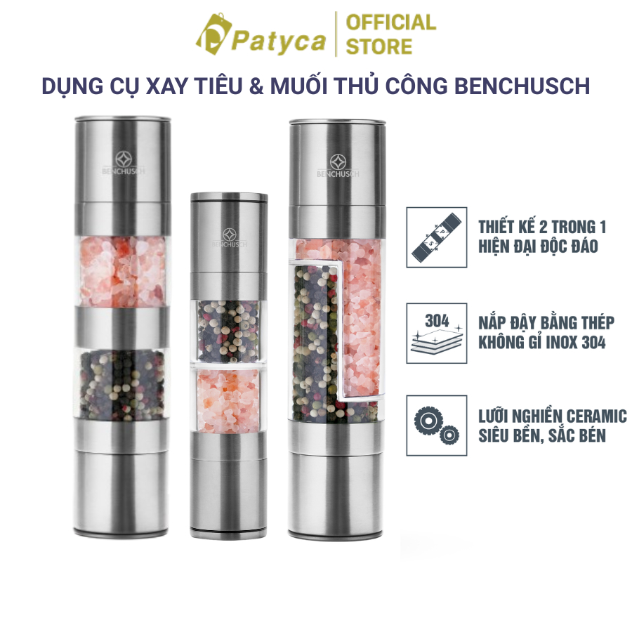 Dụng Cụ Xay Tiêu Và Muối 2 trong 1 Benchusch - Xay Thủ Công 2 Lưỡi Xay Ceramic & 2 Ngăn Đựng Gia Vị