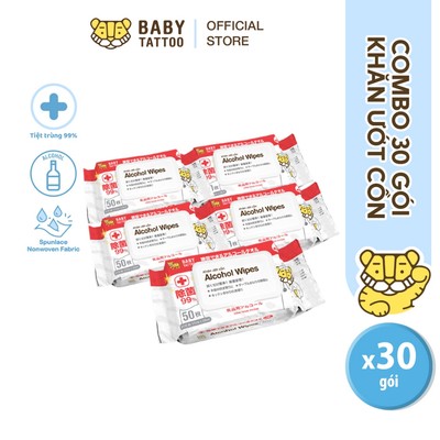 BABY TATTOO Combo 30 gói khăn giấy ướt CỒN 50 tờ thích hợp lau chùi đồ vật diệt khuẩn