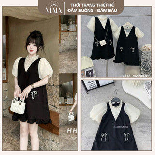 Váy bầu thiết kế mùa hè , đầm bầu babydoll cổ yếm đính nơ tay phồng cổ ngọc sang chảnh phối túi hông kèm nơ đá nổi