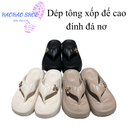 Dép tông xốp nữ đế cao 5 phân gắn đá nơ thời trang, tôn dáng có 3 màu nâu, đen, kem dễ đi, dễ chọn