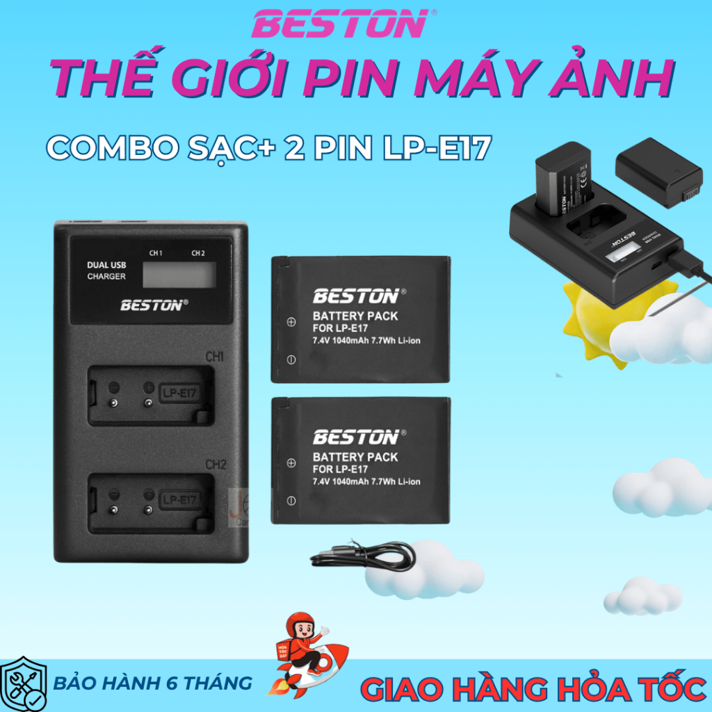 Combo Sac+2 pin LP-E17 dùng cho máy ảnh Canon E17 E12 E6 E8 E10 cổng sạc, thay thế pin sạc chính h