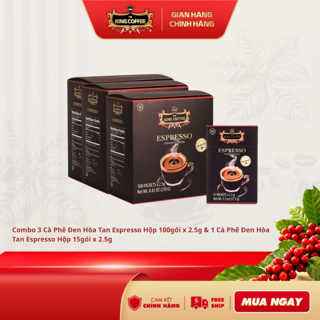 Combo 3 CFĐ HT Espresso KING COFFEE - Hộp 100 gói x 2.5g + Tặng 1 hộp CFHT Espresso KING COFFEE - Hộ