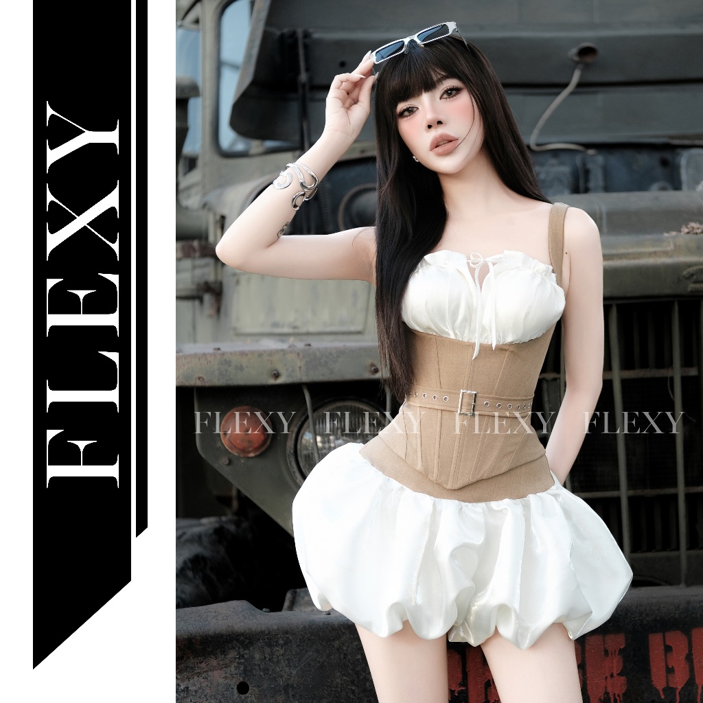 [FLEXY design] Set Nora áo corset và quần bí màu be phối trắng