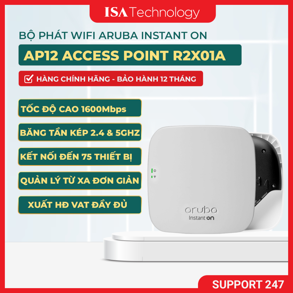 Aruba Instant On AP12 - R2X01A bộ phát wifi băng tần kép chuẩn AC tốc độ 1600Mbsp chịu tải 75 user