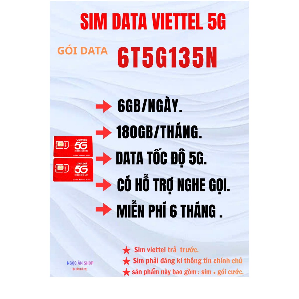 SIM 5G VIETTEL. 6GB/NGÀY.  180GB/THÁNG. MIỄN PHÍ SỬ DỤNG 6 THÁNG.