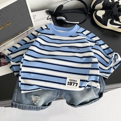 Set Áo Thun Tay Ngắn Họa Tiết Sọc Quần Denim Cho Bé Trai 1-5 Tuổi MINTSCLOSET Quảng Châu - TN3736